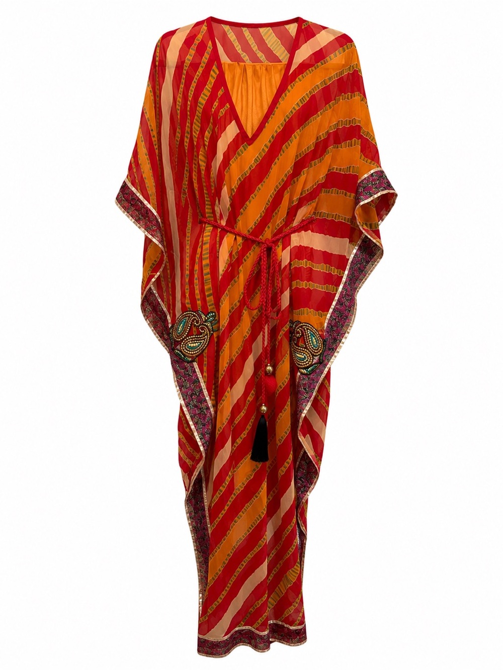 Designer Striped Kaftan - Red & Orange